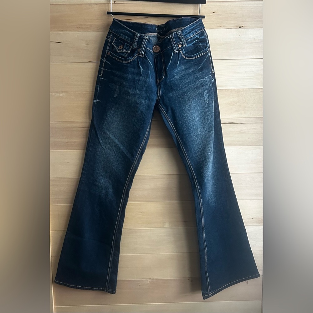 Size 11/12 Ariya Dark Blue Flare Jeans beautiful accents with stretch